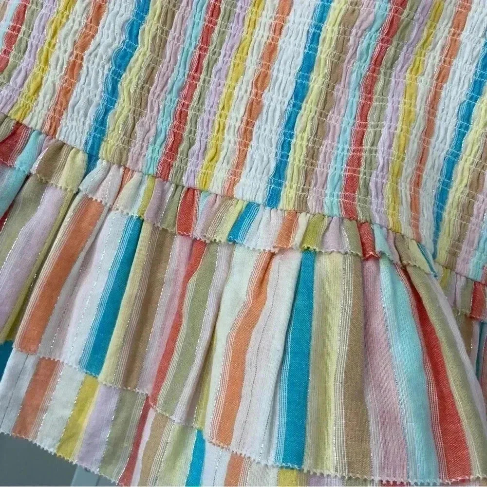 Saylor Zooey Smocked Cotton Rainbow Metallic Stripe Mini Skirt size Medium - Picture 5 of 7